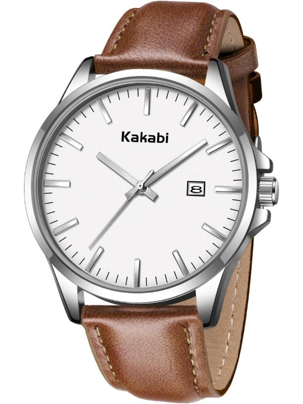 Mens Brown White Analog Quartz Minimalist Leather Strap Classic Waterproof Watch